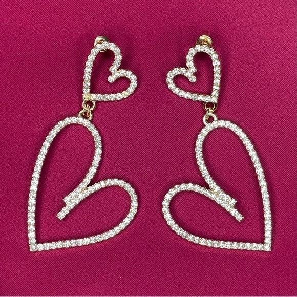 Gold Rhinestone Double Love Heart Drop Dangle Earrings Nwt - Picture 2 of 8